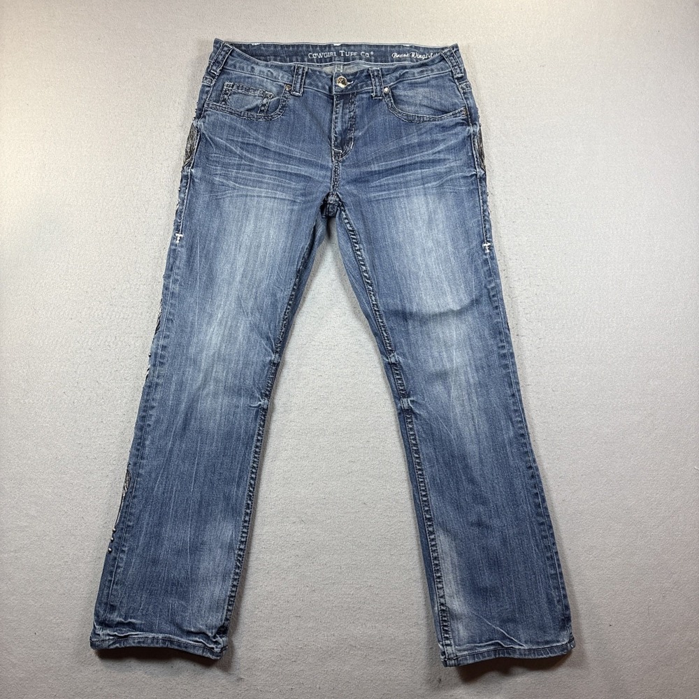Cowgirl Tuff Western Denim Brave Wings Silver Feather Embroidery Jeans SzW:33/31